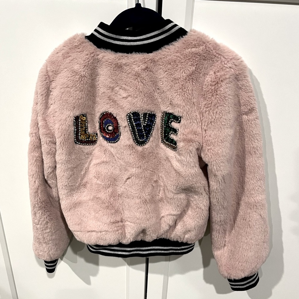 Hannah Banana Faux Fur Pink Love Bomber Jacket Great Condition. Size 6